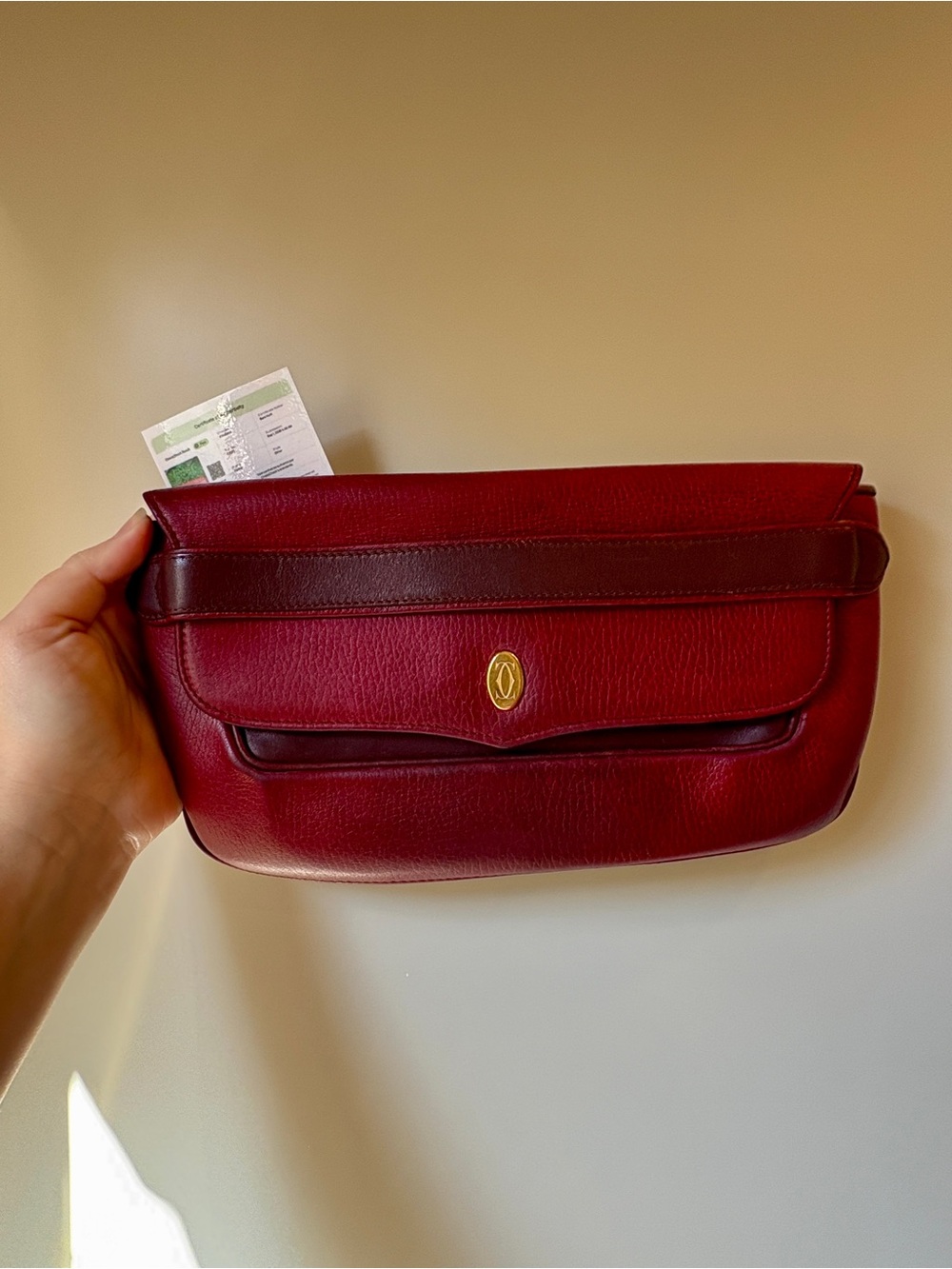 Vintage Must de Cartier Bordeaux leather wristlet/envelope clutch. COMES W/ COA